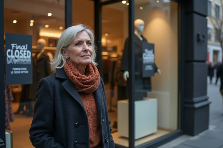 Femme réfléchissant devant un magasin fermé avec panneaux de fermeture