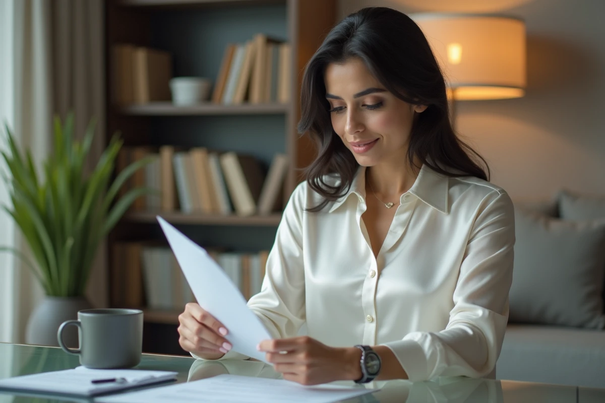 Femme professionnelle aux origines arabes assise à un bureau moderne consultant des documents dans un bureau privé luxueux