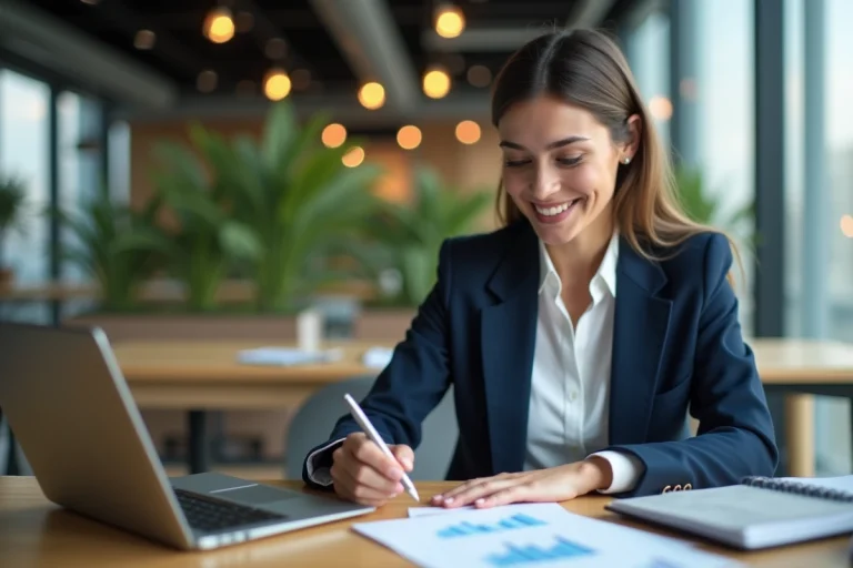 Femme professionnelle analysant des tendances business 2024 sur un ordinateur portable dans un espace de coworking moderne