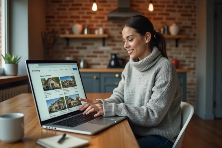 Femme cherchant un logement à louer sur une plateforme spécialisée depuis son ordinateur portable à la maison