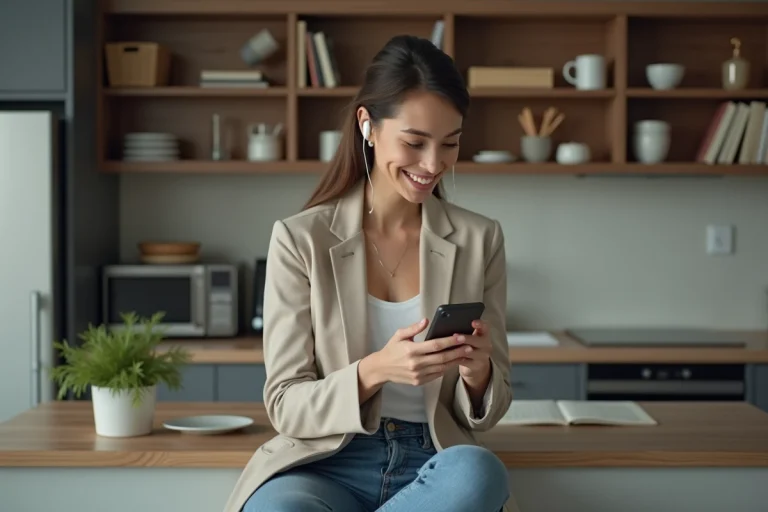 Femme utilisant un smartphone pliable dans une cuisine moderne