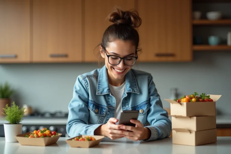 Femme souriante utilisant son smartphone dans une cuisine moderne