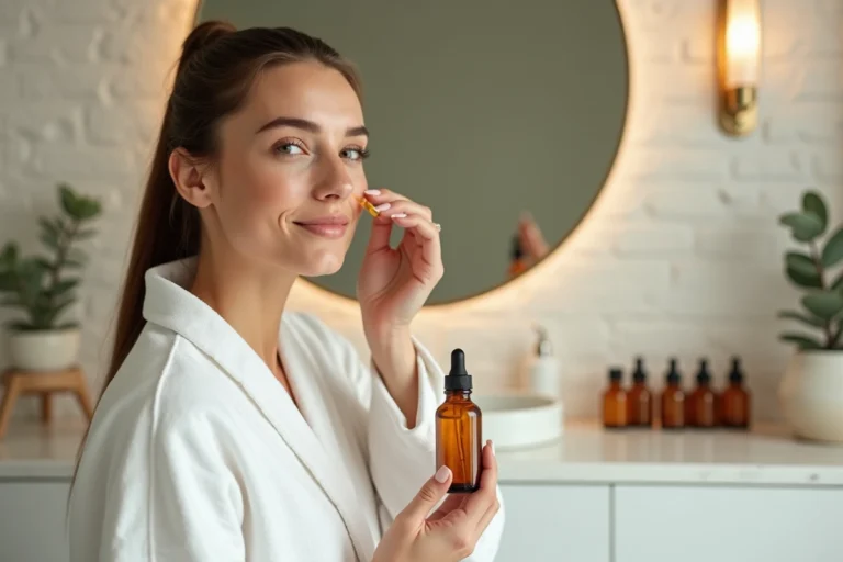 Femme appliquant un sérum visage de luxe dans une salle de bain minimaliste, comparaison soins Nuxe et Caudalie