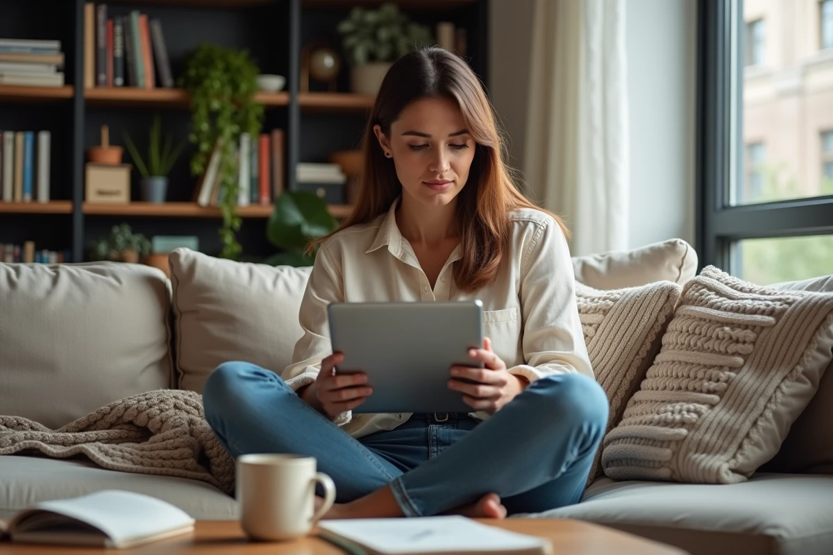 Femme consultant un plan de transition vers le business numérique sur une tablette depuis son salon, avec cahier de notes et café