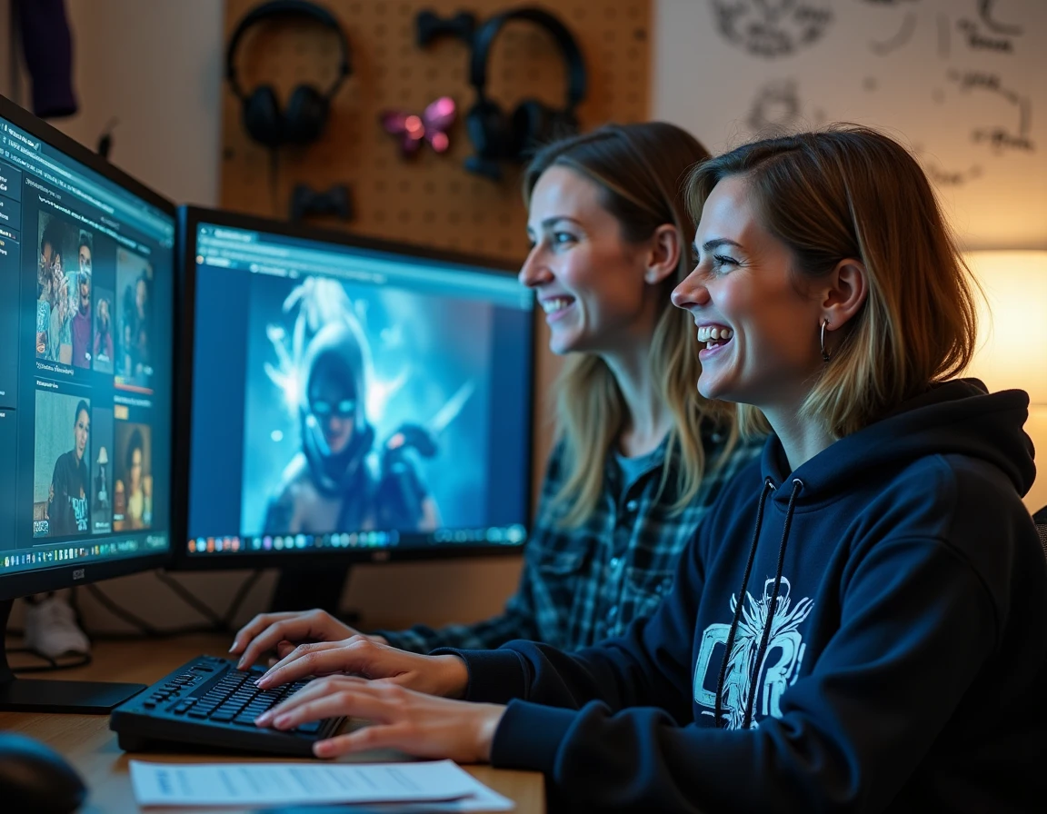 Deux femmes passionnées de geek culture devant un double écran affichant des ressources web comme des wikis et plateformes de streaming dans un bureau à domicile décoré