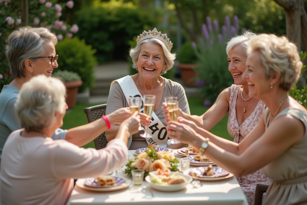 Groupe d'amies fêtant les 70 ans d'une femme dans un jardin fleuri avec des coupes de champagne