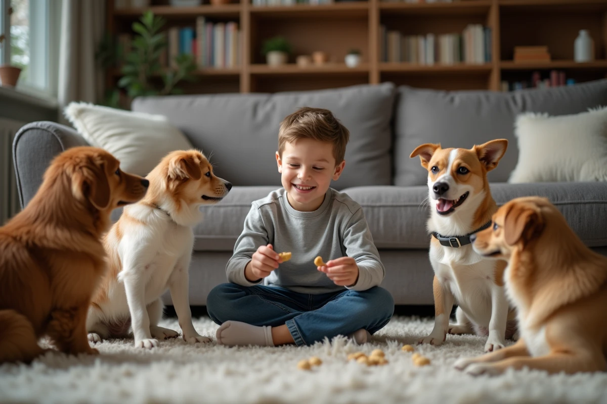 Garçon curieux avec plusieurs chiens dans un salon