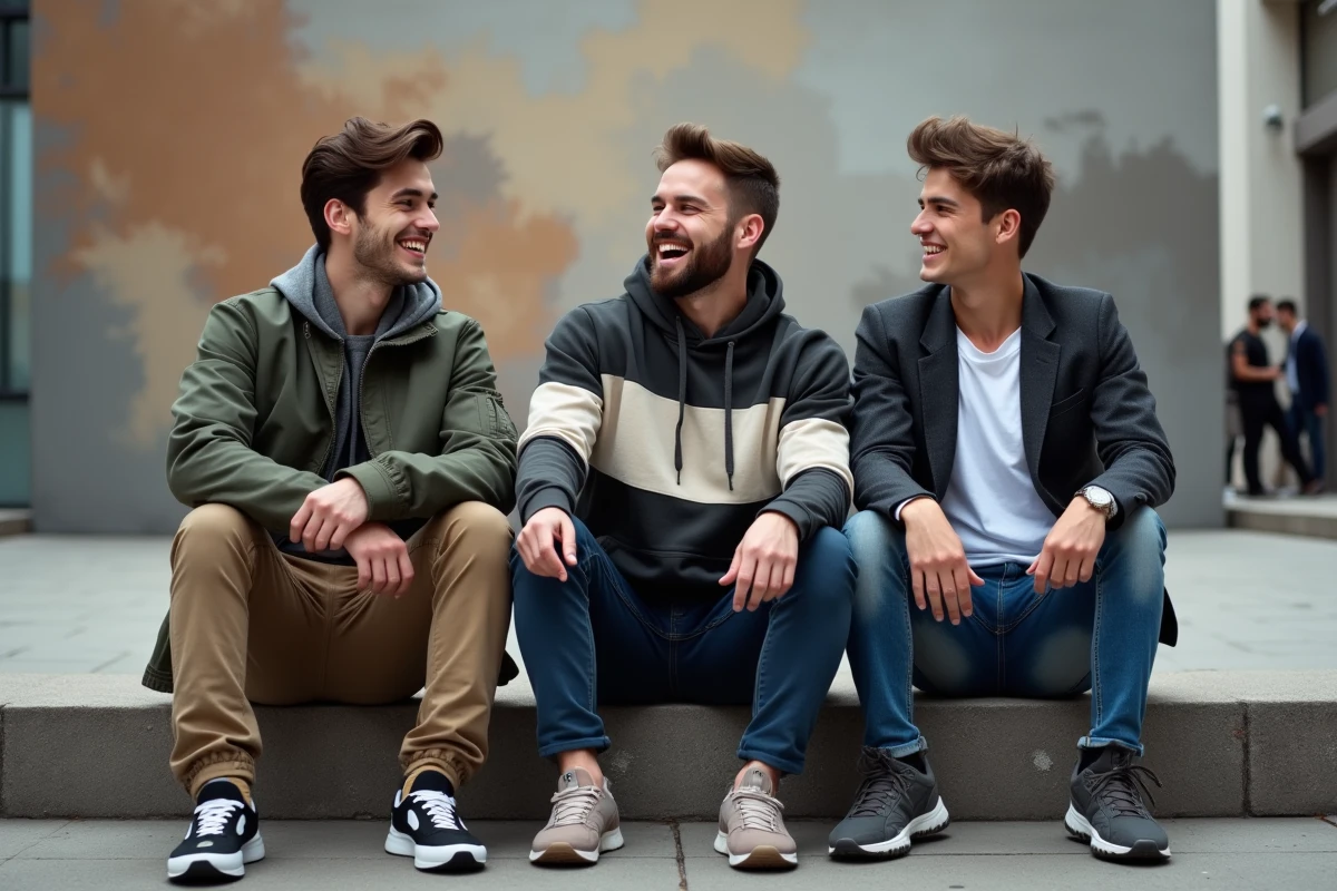 Groupe de jeunes hommes en tenues streetwear devant une fresque urbaine, représentant l'identité vestimentaire de la jeunesse contemporaine