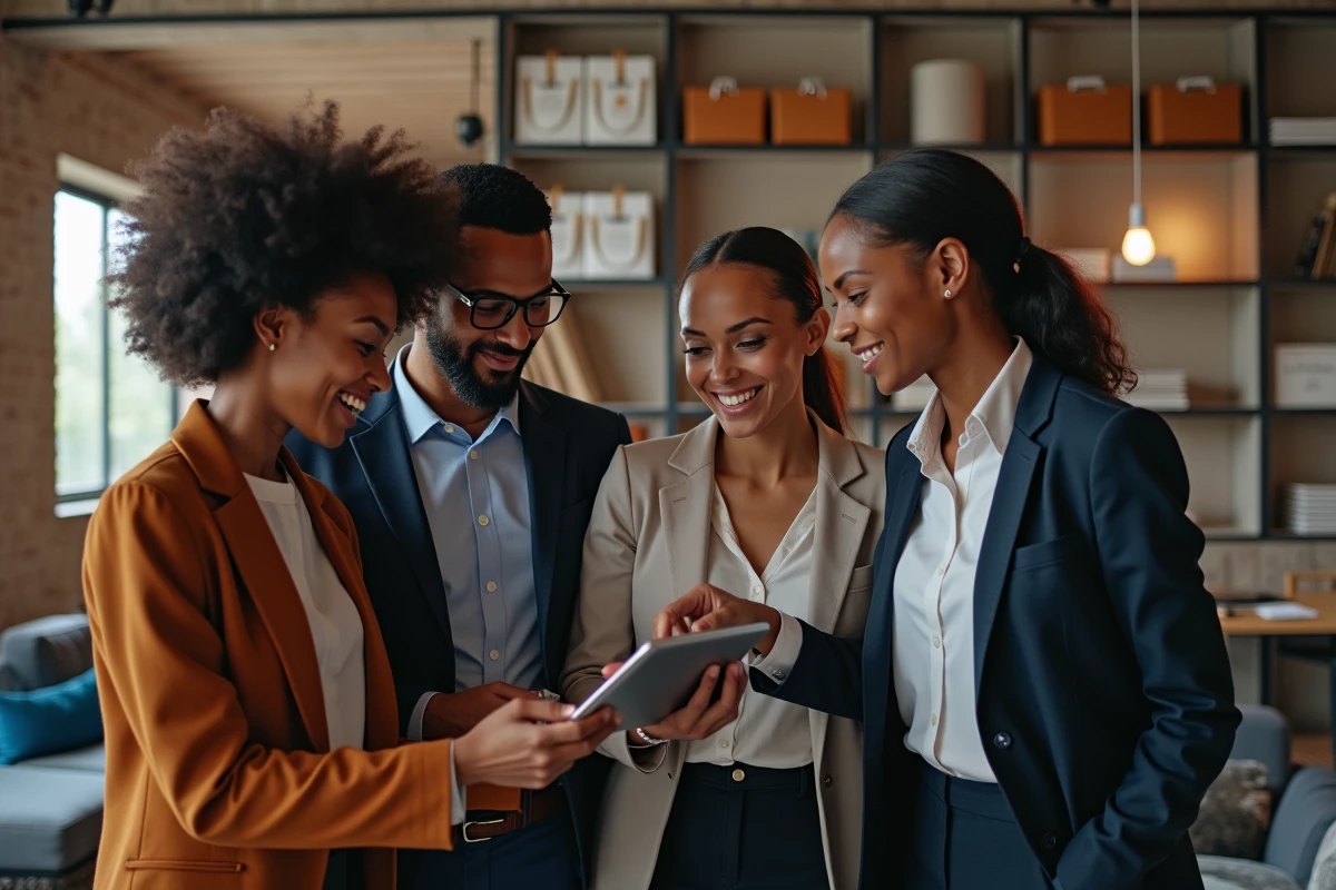 Groupe de professionnels explorant une boutique en ligne ensemble