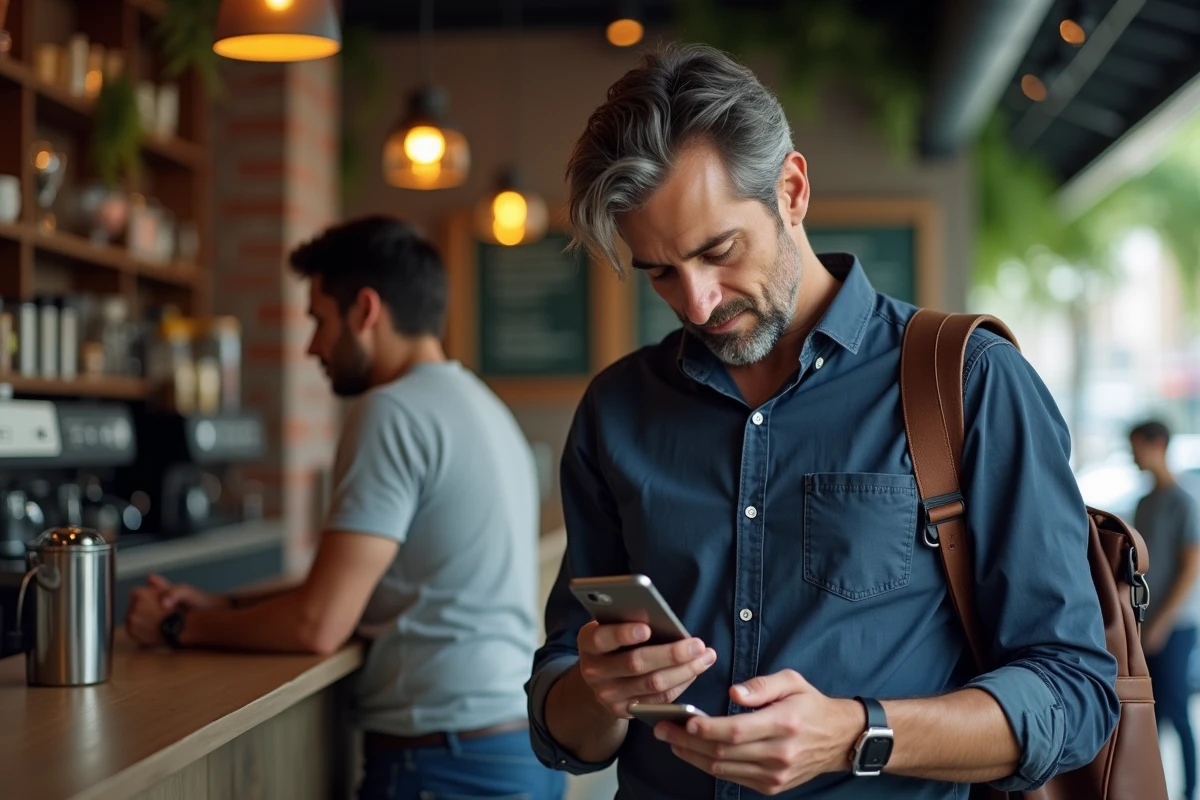 Homme consultant les actualités sur son smartphone dans un café urbain animé