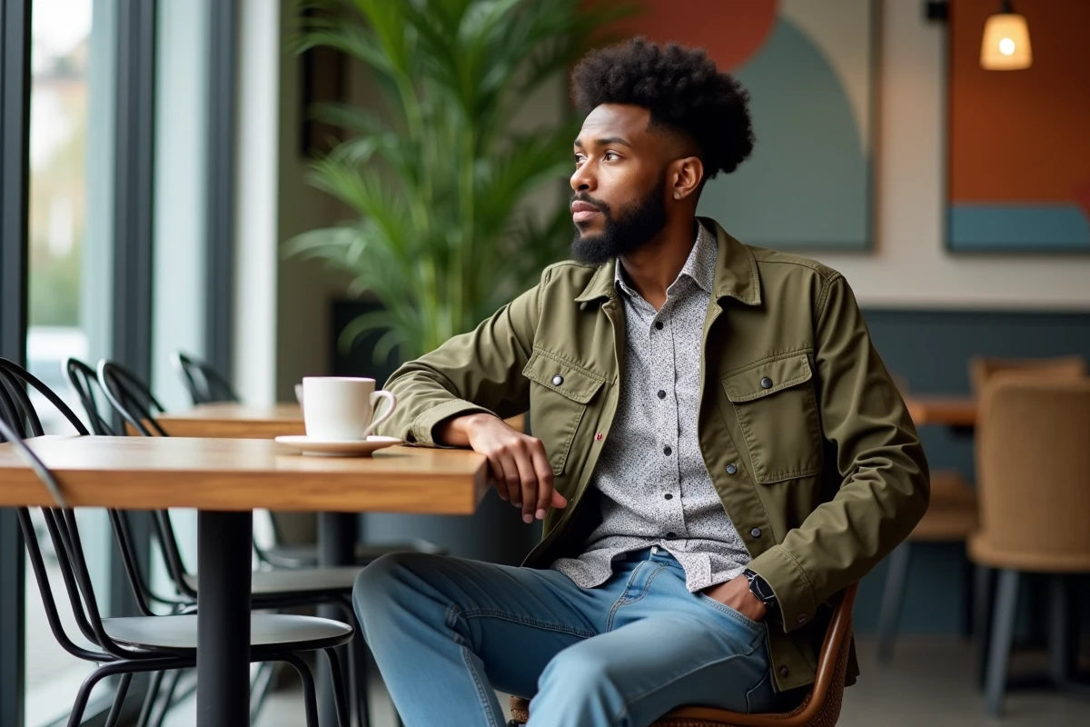 Homme en tenue décontractée dans un café moderne