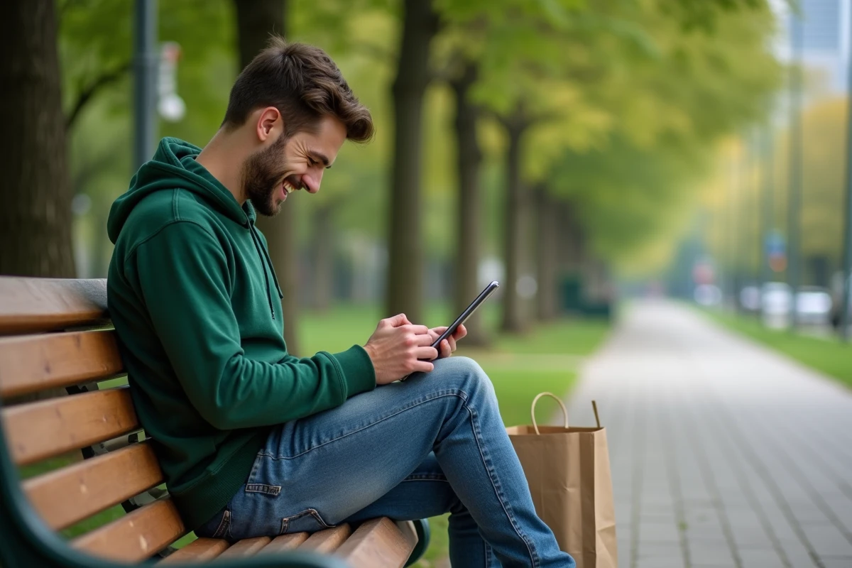 Jeune homme riant en vérifiant sa commande dans un parc