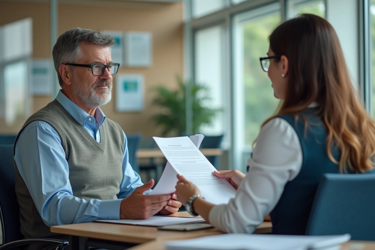 Homme discutant avec une assistante sociale dans un bureau moderne