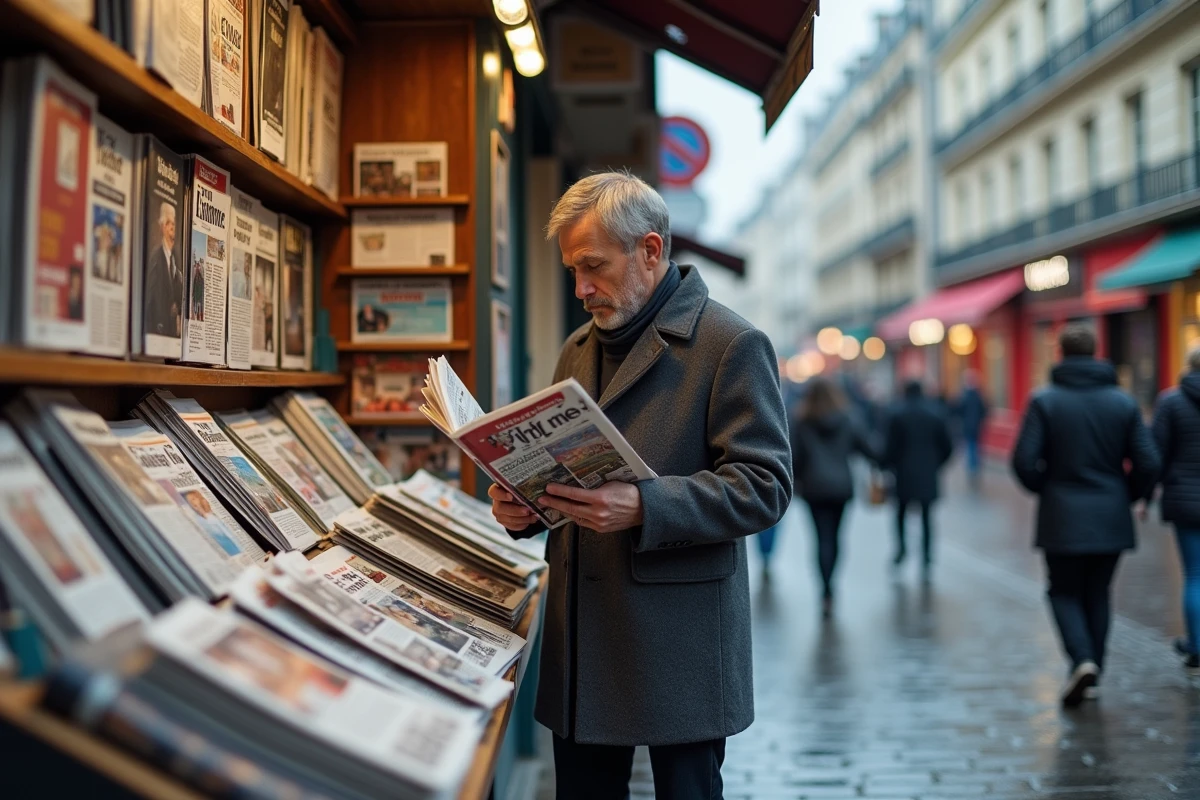 Homme parcourant des journaux et magazines français à un kiosque à journaux parisien en plein air