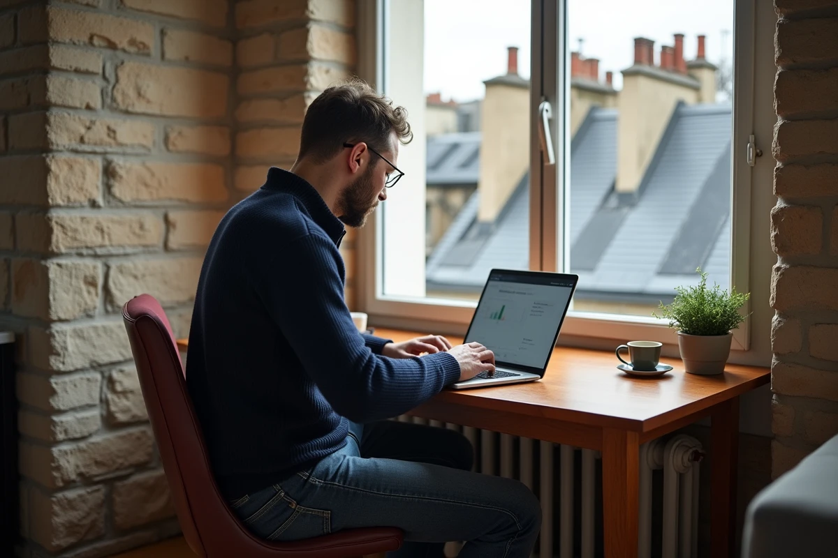 Homme recherchant un appartement à louer à Paris sur une plateforme immobilière en ligne