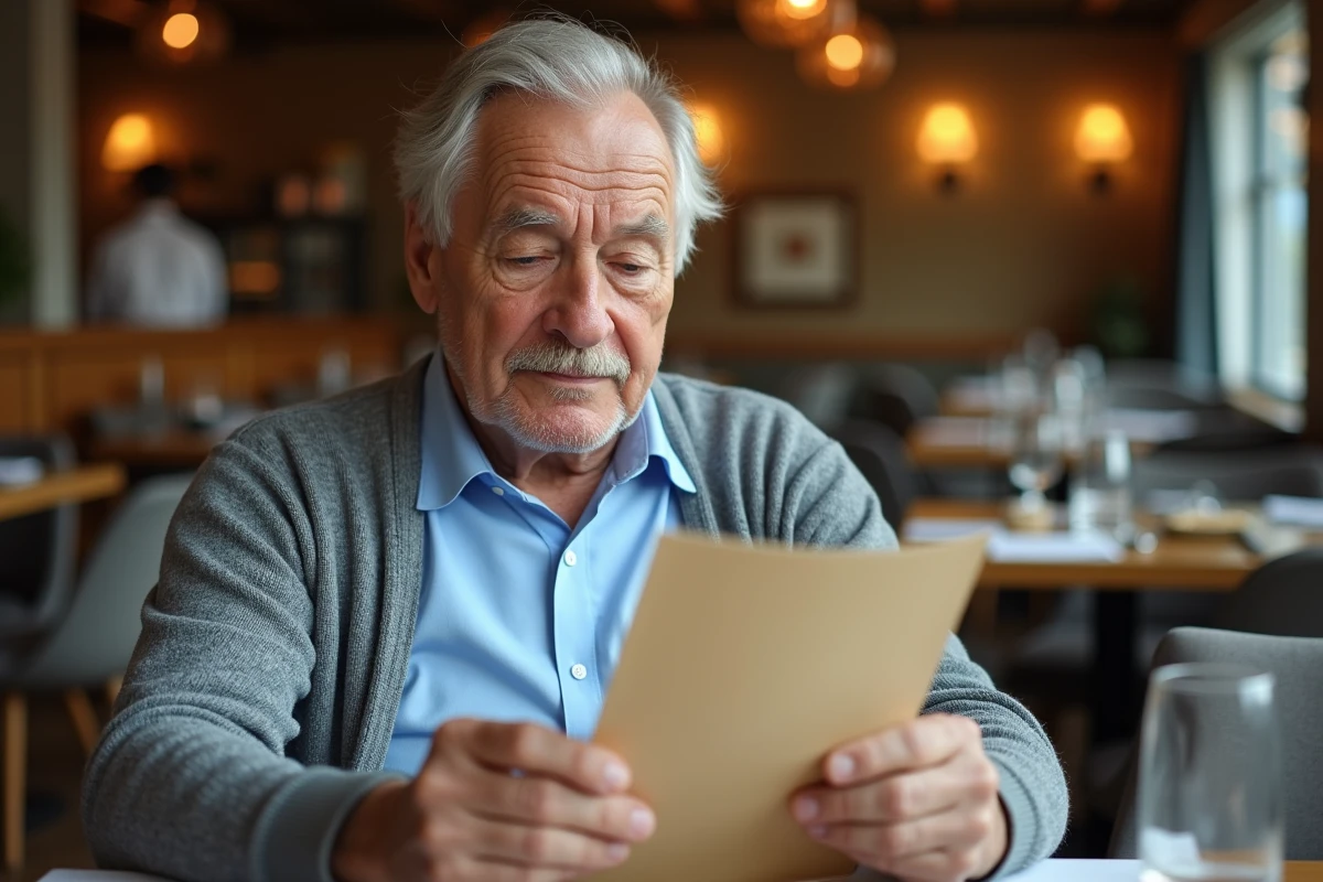 Homme senior attentif en train de lire un menu au restaurant