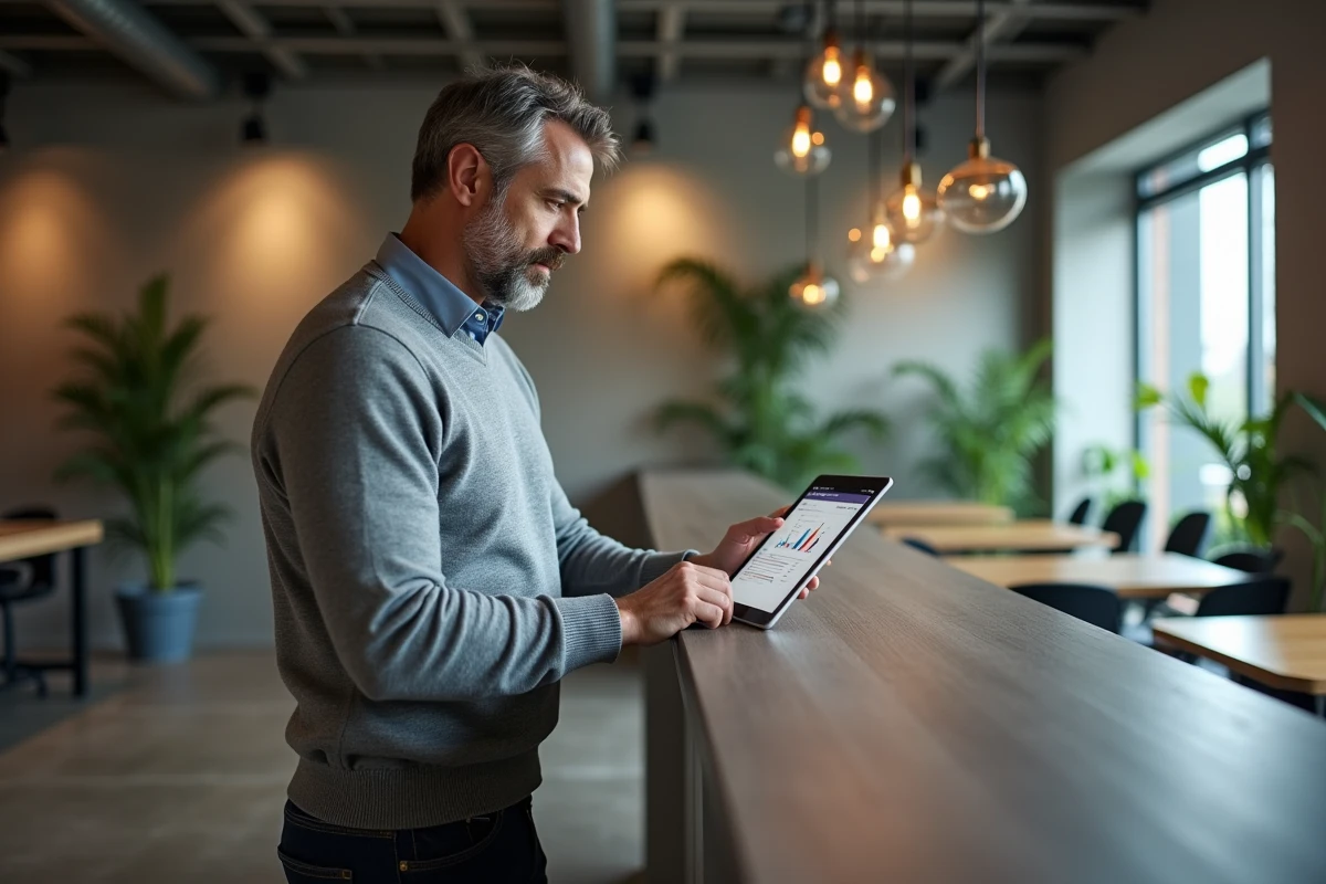 Homme consultant le plan de navigation du site Planet Argent sur une tablette en espace de coworking