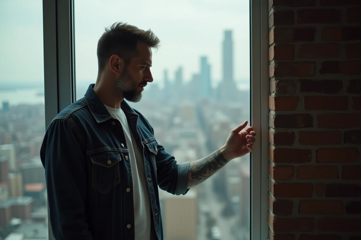 Homme contemplant son tatouage de montagne dans un appartement