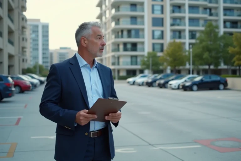 Homme en costume navy inspectant un parking urbain