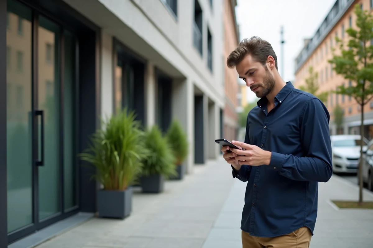 Homme consultant une annonce de location sur son smartphone devant un immeuble résidentiel moderne