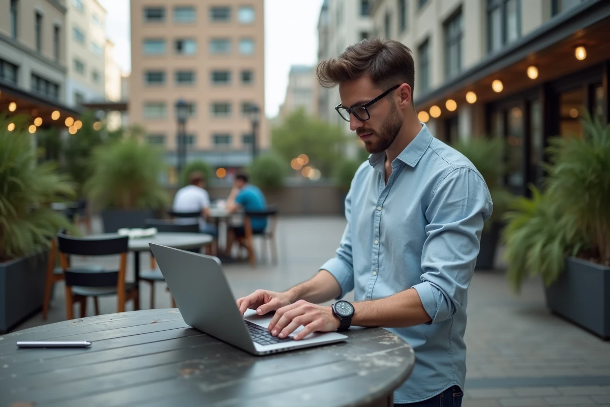 Jeune homme travaillant avec un ordinateur portable en espace urbain