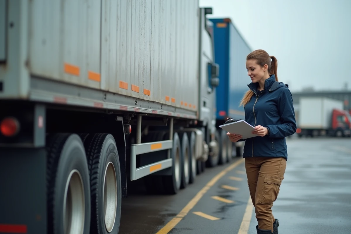 Responsable logistique inspectant une rampe de chargement fixée à un camion dans une cour de fret commerciale