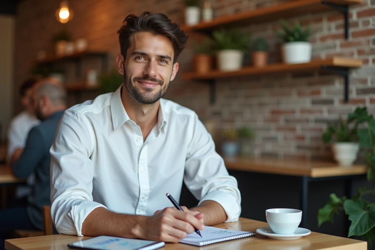 Jeune entrepreneur prenant des notes sur les tendances et conseils business dans un café moderne