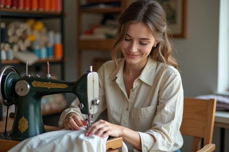Jeune femme couture dans un studio lumineux et créatif