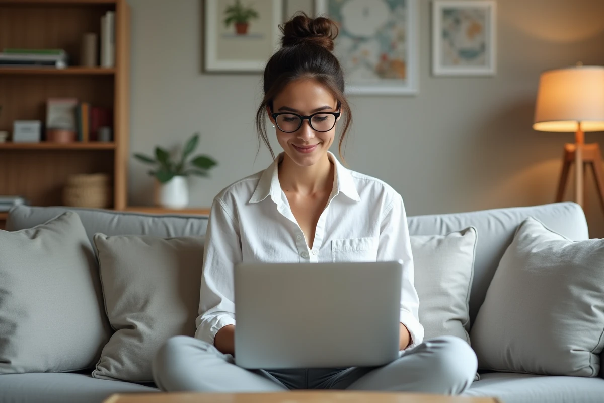 Jeune femme lisant le plan du site Planet Argent sur un canapé dans un salon moderne