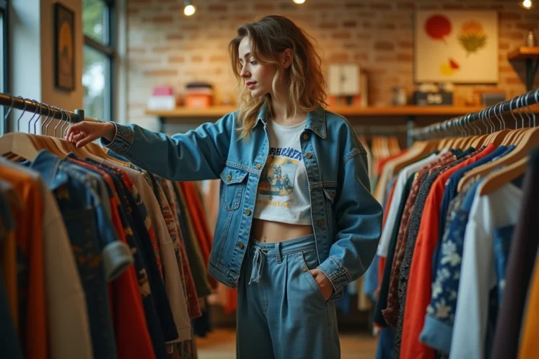 Jeune femme de vingt ans explorant les vêtements dans une boutique vintage tendance, illustrant le lien entre mode et jeunesse urbaine