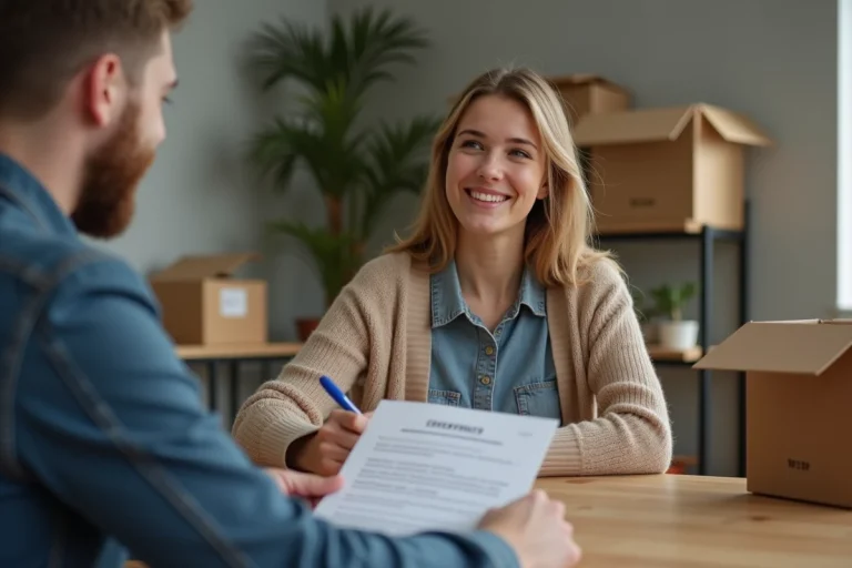 Jeune femme signant un contrat de location dans un appartement cosy