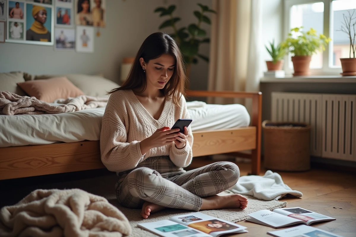 Jeune femme assise sur le sol de sa chambre entourée de magazines de mode et vêtements, explorant son style personnel sur smartphone