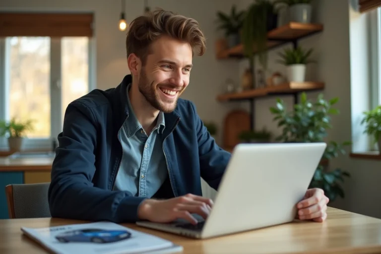 Jeune homme souriant achetant une voiture en ligne