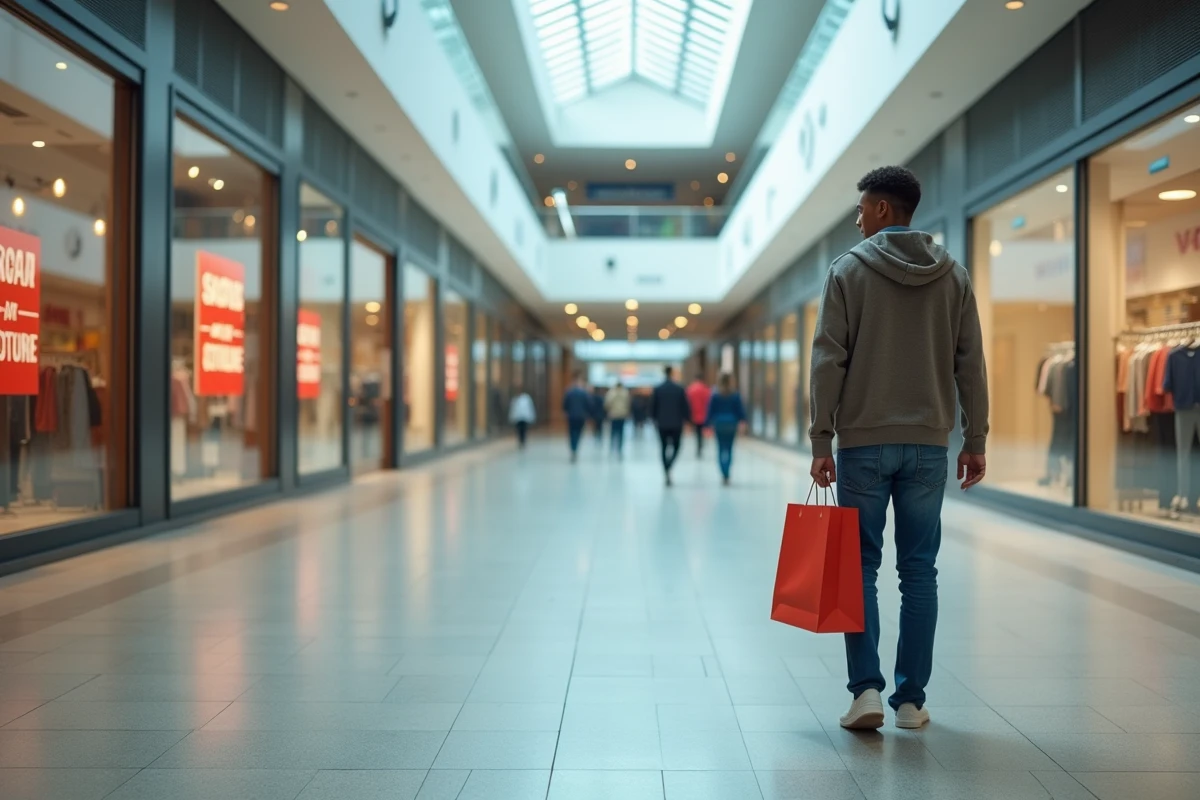 Jeune homme dans un centre commercial vide avec boutiques fermées