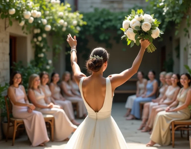 Mariée de dos lançant son bouquet de pivoines blanches à ses invitées dans un jardin rustique lors d'un mariage en plein air
