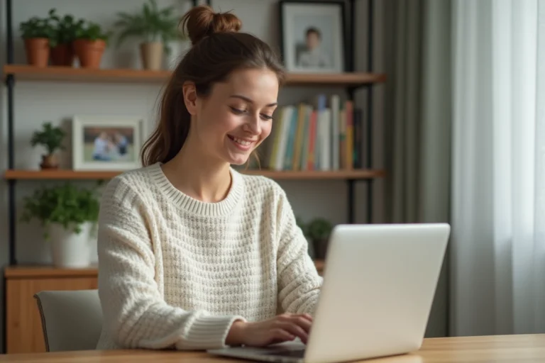 Jeune maman travaillant à domicile sur son ordinateur