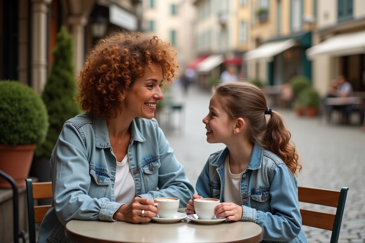 Marraine et filleule adolescente en conversation complice autour d'un chocolat chaud en terrasse de café