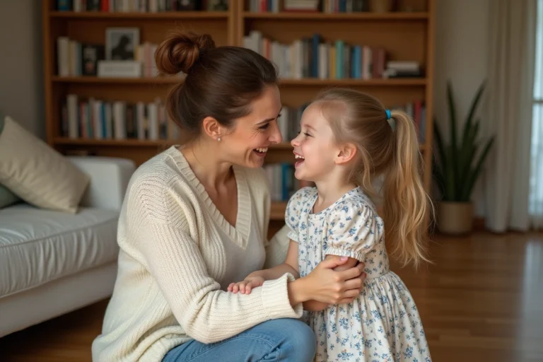 Marraine et filleule qui rient ensemble dans un salon chaleureux, partageant un moment de tendresse authentique