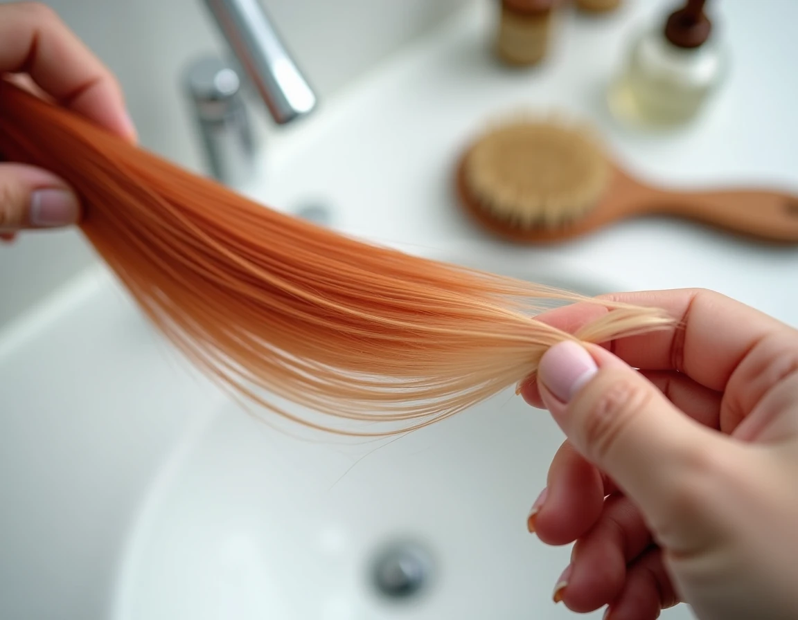 Gros plan de mèches de cheveux roux virant au blanc illustrant la transition capillaire naturelle liée à la perte de mélanine avec l'âge