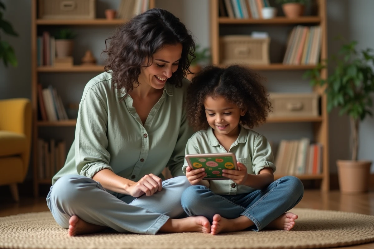 Mère et enfant explorant ensemble une application éducative sur une tablette dans un salon familial chaleureux