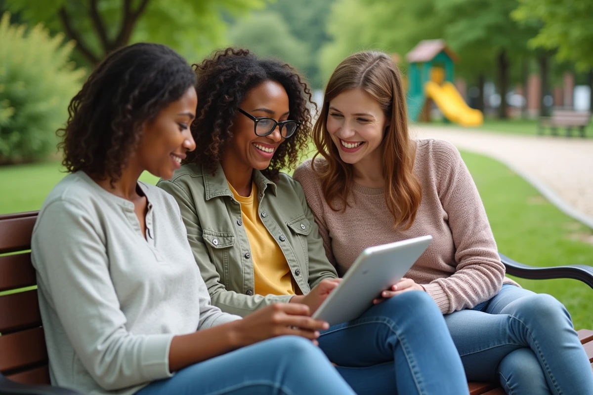 Trois mères partageant une tablette dans un parc verdoyant