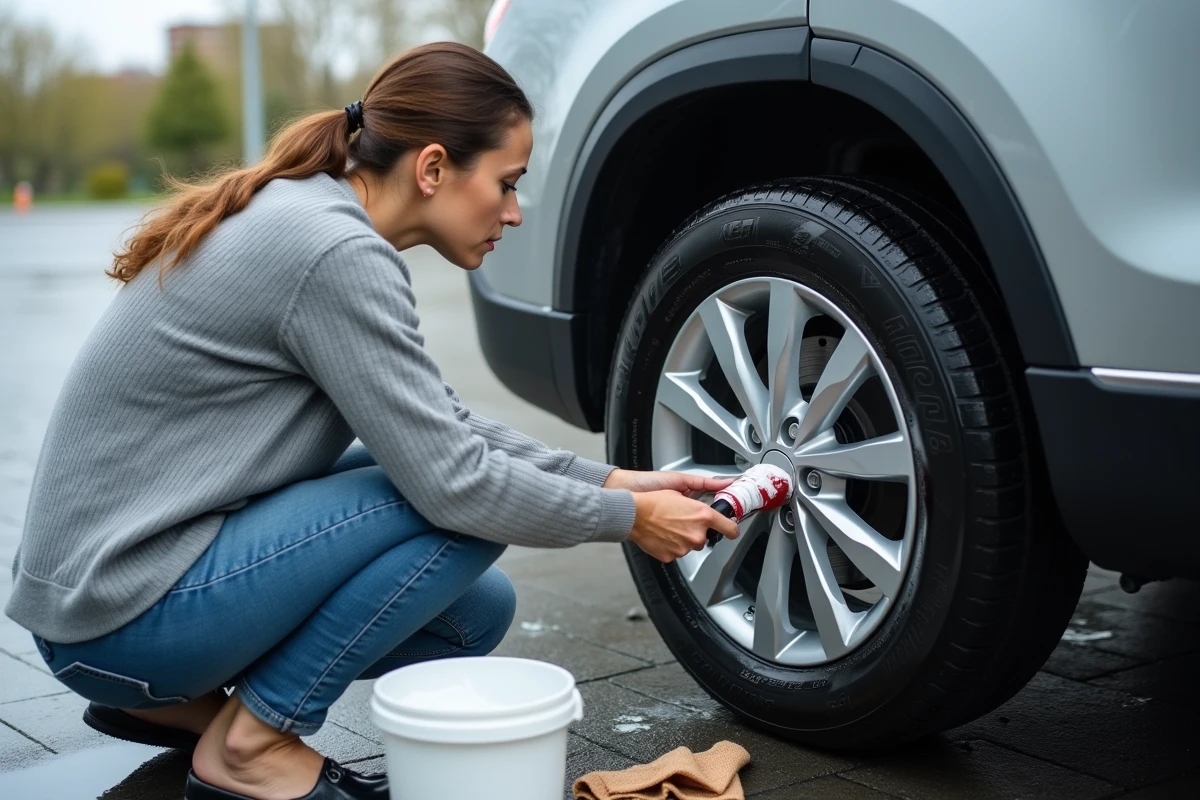Femme nettoyant les jantes d'un SUV argenté avec une brosse de détailing et de la mousse savonneuse