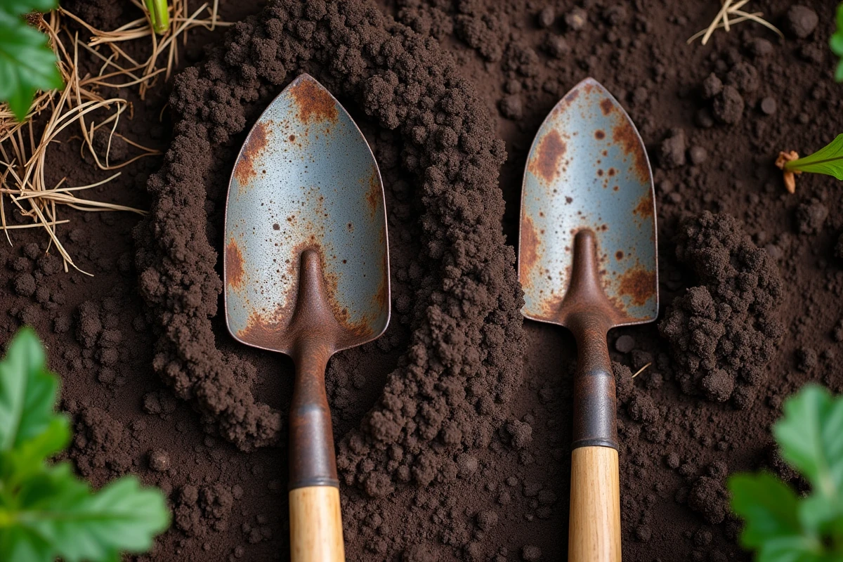 Vue du dessus d'une binette et d'une bêche posées sur la terre d'un potager, outils de jardinage pour biner et butter