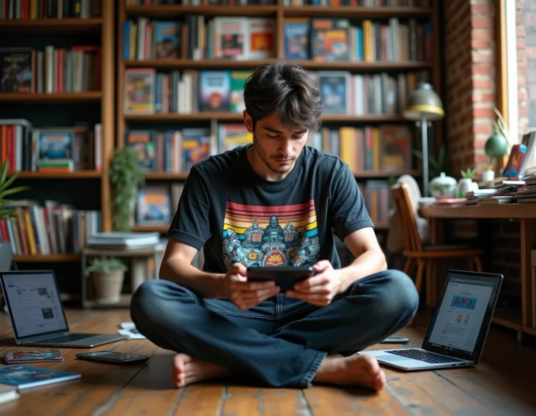 Jeune homme passionné de culture geek parcourant des ressources web sur une tablette entouré de figurines et de comics dans un appartement décoré de références geek