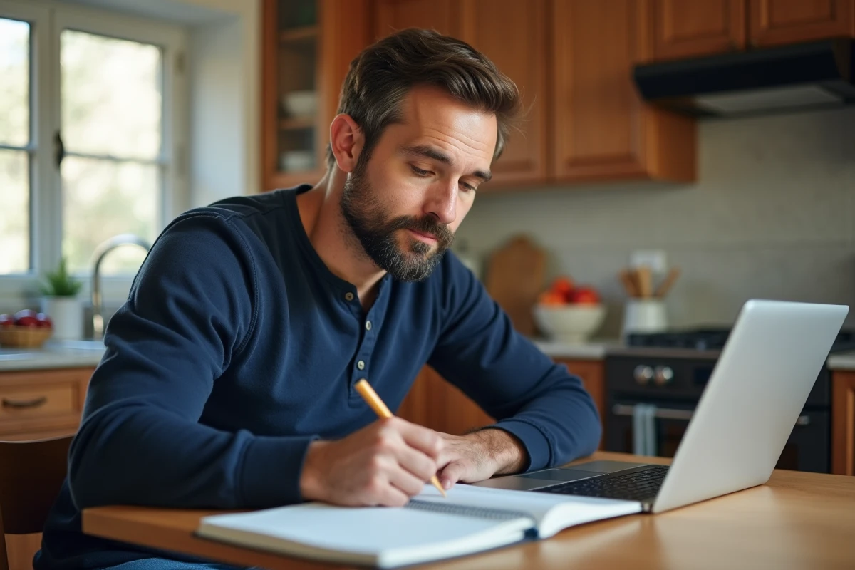Père prenant des notes à partir de ressources pédagogiques en ligne pour accompagner l'éducation de ses enfants