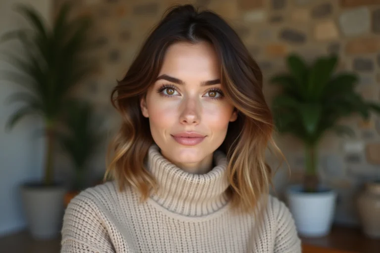 Portrait d'une femme aux yeux marron en pull beige