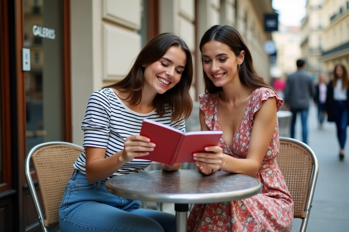 Deux amies consultant les avantages du programme fidélité Galeries Lafayette en terrasse de café à Paris