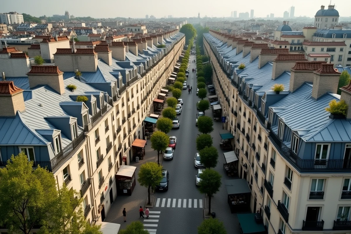 Vue urbaine d'un quartier résidentiel parisien mêlant immeubles haussmanniens et architecture moderne