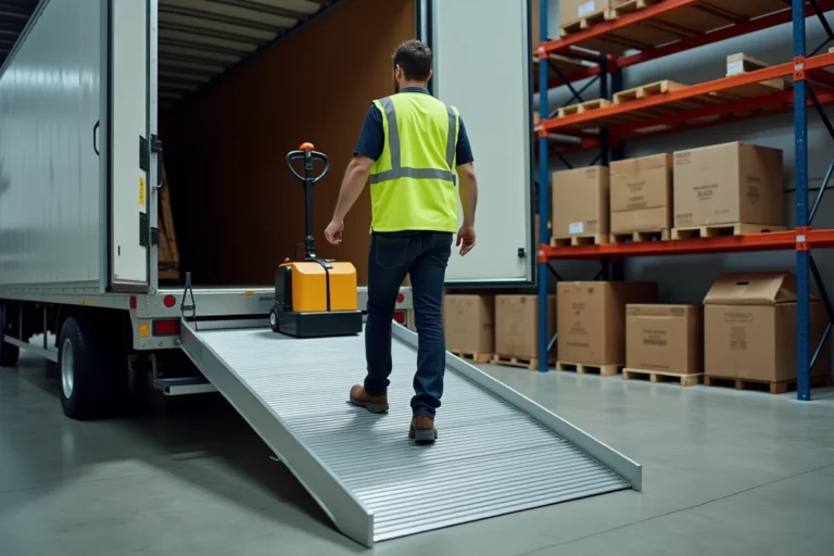 Ouvrier utilisant une rampe de chargement en aluminium pour monter une palette dans un camion de livraison dans un entrepôt industriel