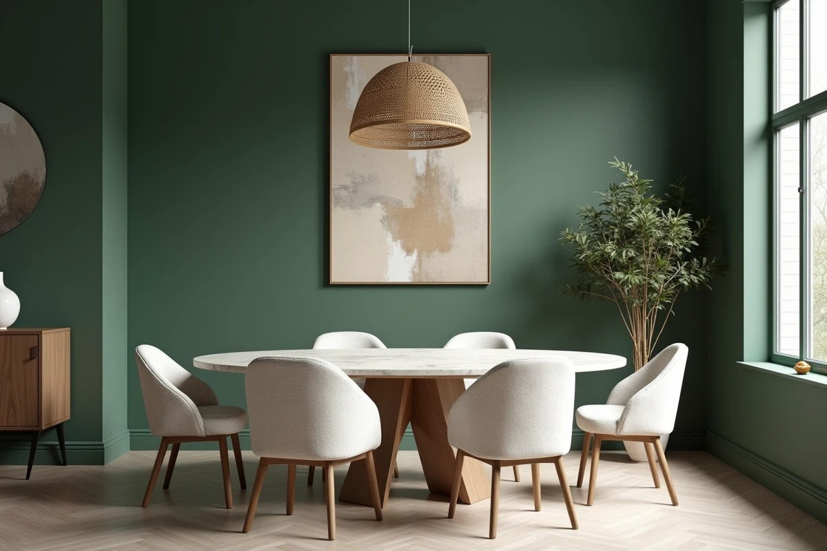Salle à manger contemporaine avec table en travertin, chaises en bouclé et mur vert forêt tendance